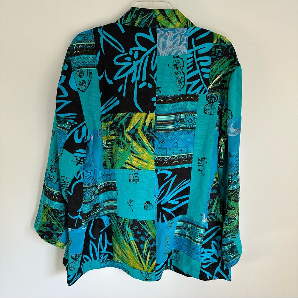 Chico's silk linen blend Asian inspired patchwork button down jacket blue green - Picture 6 of 6